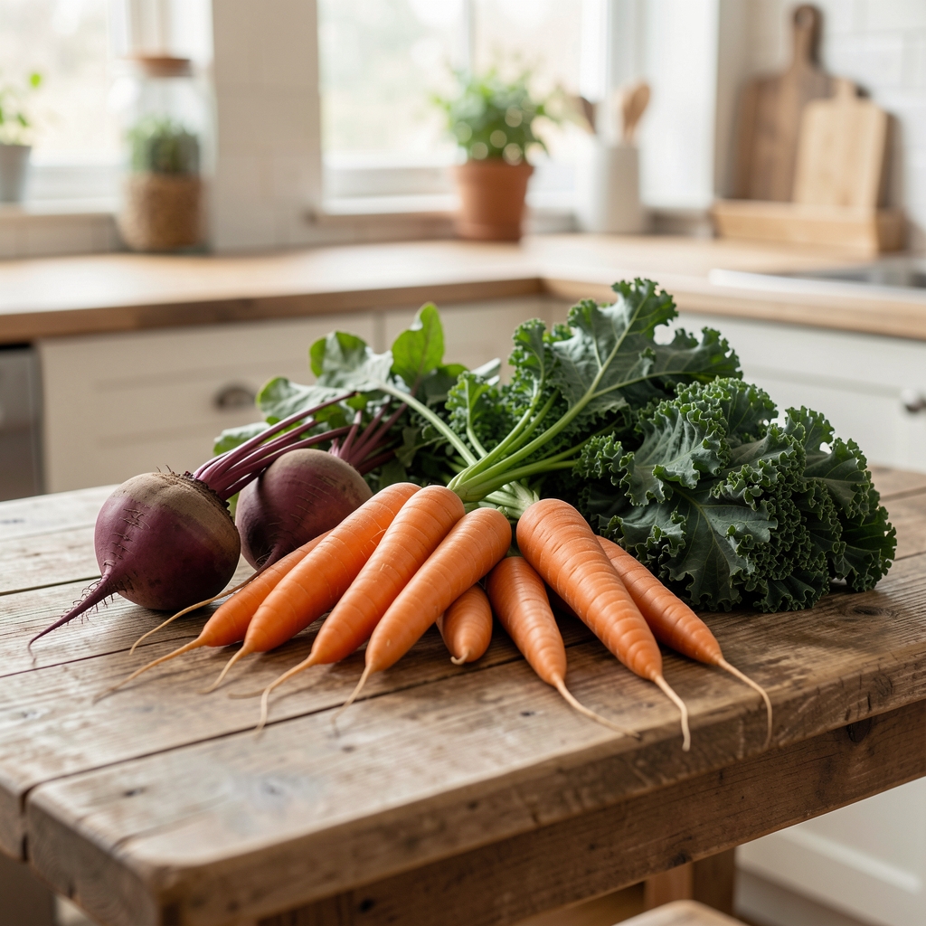 A variety of fresh seasonal vegetables including beetroot, carrots, and kale displayed on a rustic wooden kitchen bench in natural daylight