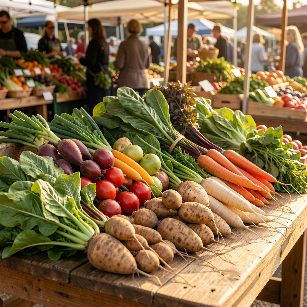 A seasonal farmers market display showing vibrant fresh vegetables, root crops, and leafy greens arranged on a wooden table in warm natural light