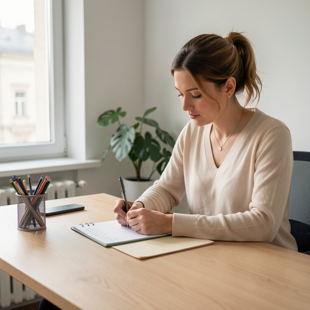 A nutrition specialist taking detailed notes during an intake assessment session at a clean wooden desk with natural light, Bucharest studio