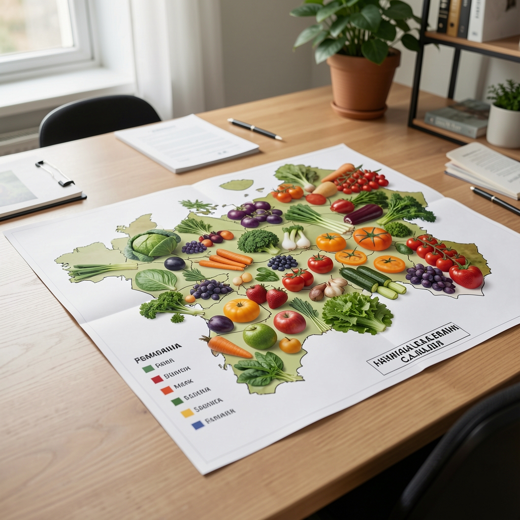 A seasonal produce map spread across a consultation table showing regional Romanian harvest calendar with vegetables and fruits marked by month