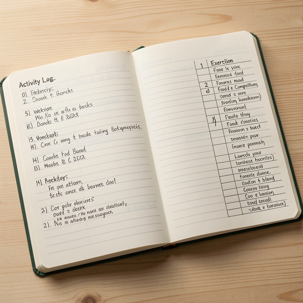 An open activity log notebook showing handwritten weekly exercise entries alongside a food composition chart on a light wooden surface