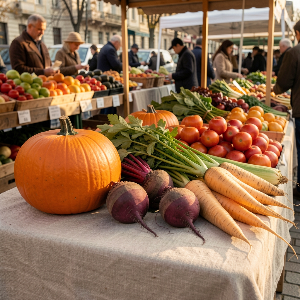 A spread of seasonal autumn vegetables including pumpkin, beetroot, and parsnip arranged on a natural linen cloth at a Bucharest farmers market stall in warm daylight