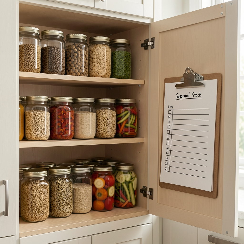 Open kitchen larder shelves with neatly arranged jars of dried pulses, grains, and preserved vegetables alongside a handwritten seasonal stock checklist on a clipboard