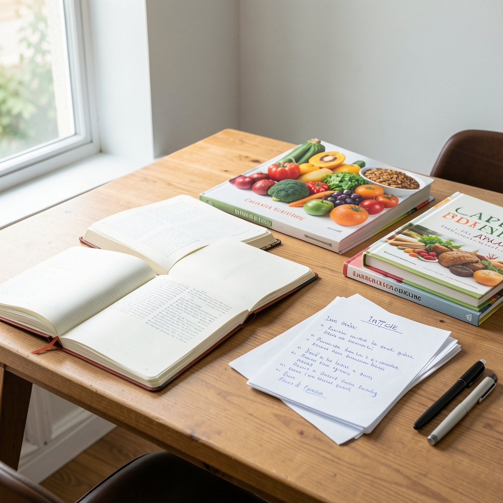A bright studio workspace with natural light, a wooden desk covered with open food journals, seasonal produce reference books, and handwritten intake notes
